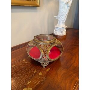 Vintage Ormolu Jewelry Casket Red Velvet Beveled Glass Box